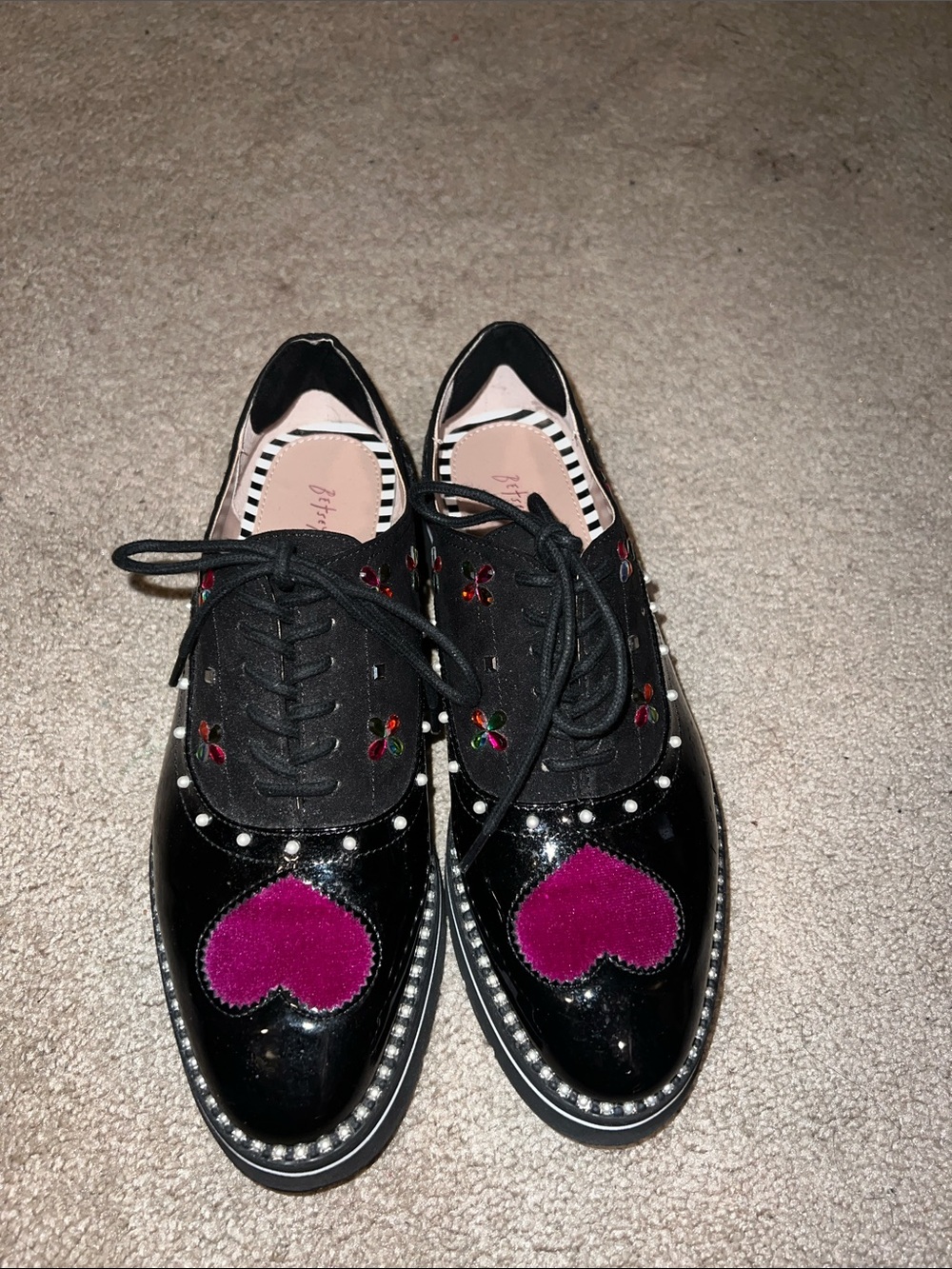Betsey Johnson Black Women's Lace-Up Oxfords with Pink Heart Detail